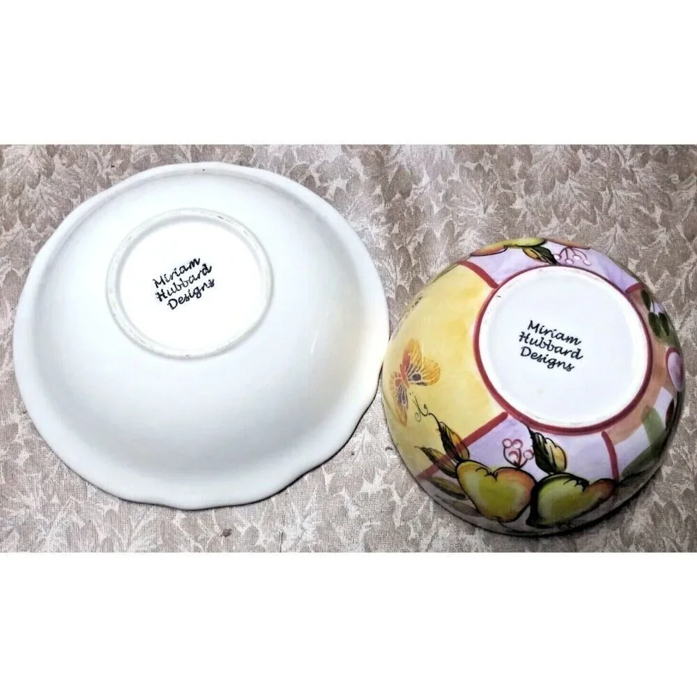 set of 2 Botanical Pattern Soup & Salad Bowls Miriam Designs chunky handpainted